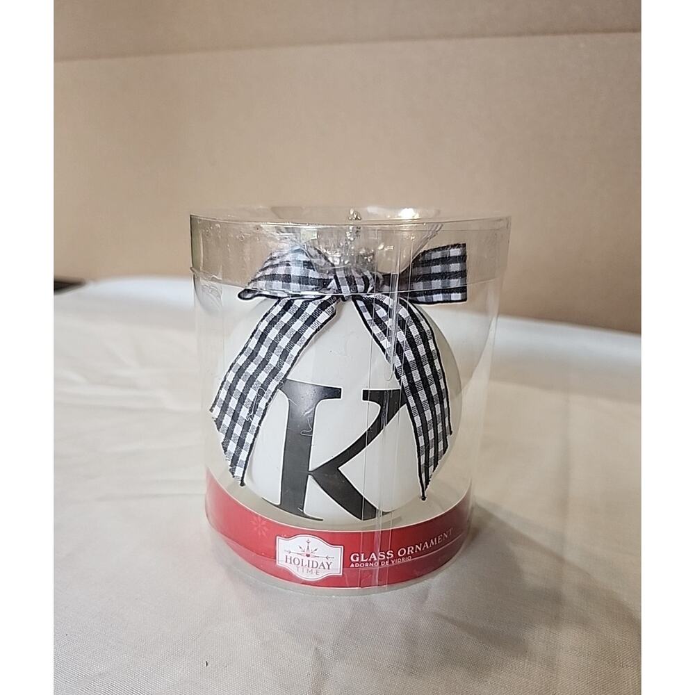 Holiday Time Monogram Glass Ornament Letter "K" White & Black Buffalo Check Bow